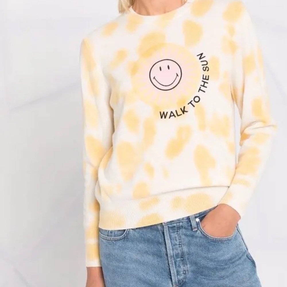 Sandro Paris Yellow Tie Dye Smiley Walk to the Sun Sweater Cashmere Wool Blend